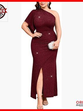 Plus Size One Shoulder Sparkly Maxi Dress Ruched Bodycon Formal Gown